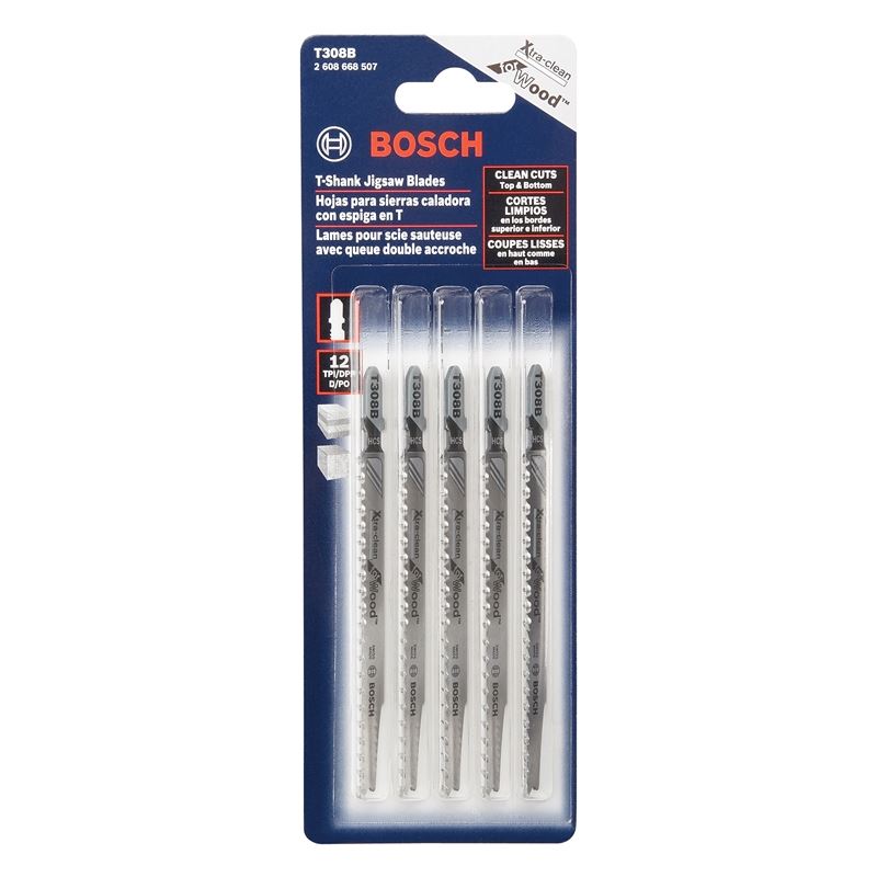 Bosch | T308B 5 Pieces 4-1/2" 12 TPI Extra Clean for Wood T-Shank Jig Saw Blades