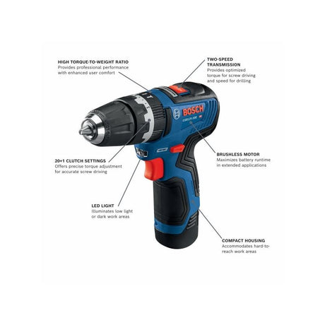 Bosch GSB12V-300B22 12V Max Brushless 3/8 In. Hammer Drill/Driver Kit with (2) 2.0 Ah Batteries