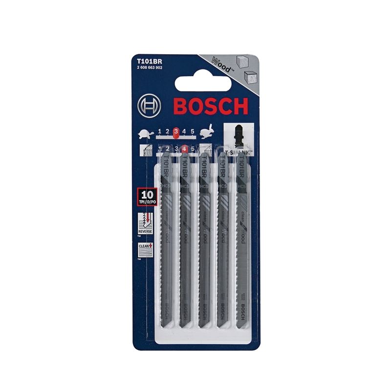 Bosch T101BR 5 Pieces 4 In. 10 TPI Reverse Pitch Clean for Wood T-Shank Jig Saw Blades