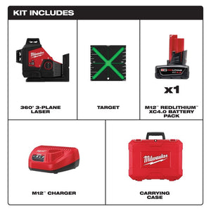 Milwaukee 3632-21 M12 Green 360degree 3-Plane Laser Kit