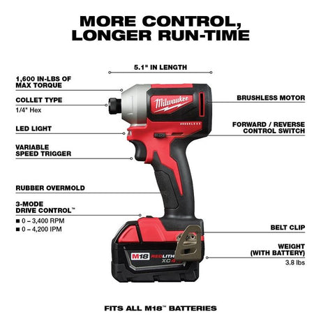 Milwaukee 2893-22 M18 Brushless 2-Tool Combo Kit, Hammer Drill/ 3-Speed Impact Driver