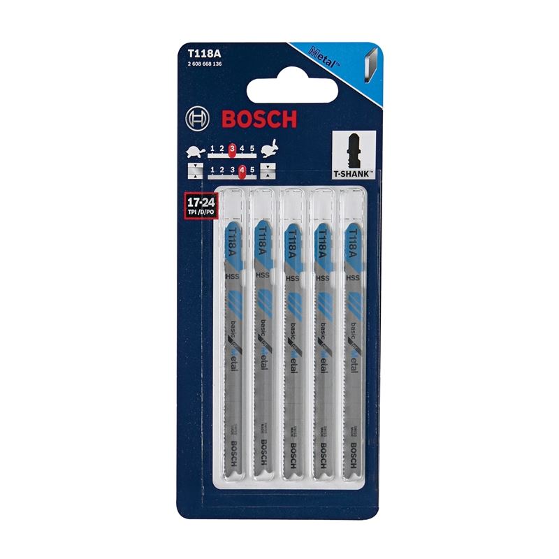 Bosch T118A 5 pieces 3-5/8 In. 17-24 TPI Basic for Metal T-Shank Jig Saw Blades