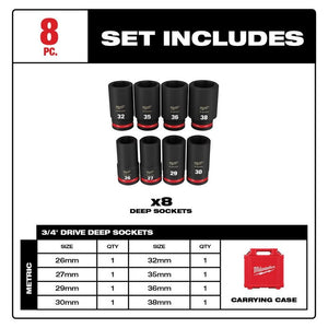 Milwaukee 49-66-7020 8PC SHOCKWAVE Impact Duty 3/4in Drive Metric Deep 6 Point Socket Set