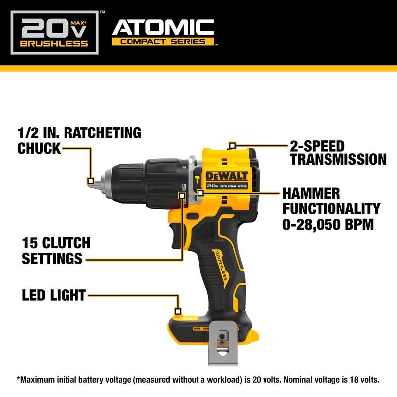 DEWALT DCD799B ATOMIC 20V MAX Brushless Cordless 1/2 in. Hammer Drill