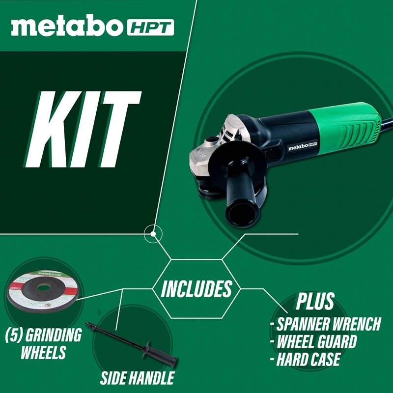 metabo HPT G12SR4M 4-1/2 Inch 6.2 Amp Slide Switch Angle Grinder Kit w/ 5 Abrasive Wheels