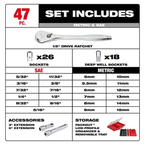 Milwaukee 48-22-9487 47pc 1/2in Drive Ratchet  Socket Set with PACKOUT Organizer