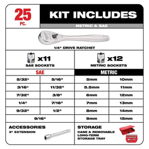 Milwaukee 48-22-9044 25pc 1/4in Drive Metric and SAE Ratchet and Socket Set with FOUR FLAT SIDES