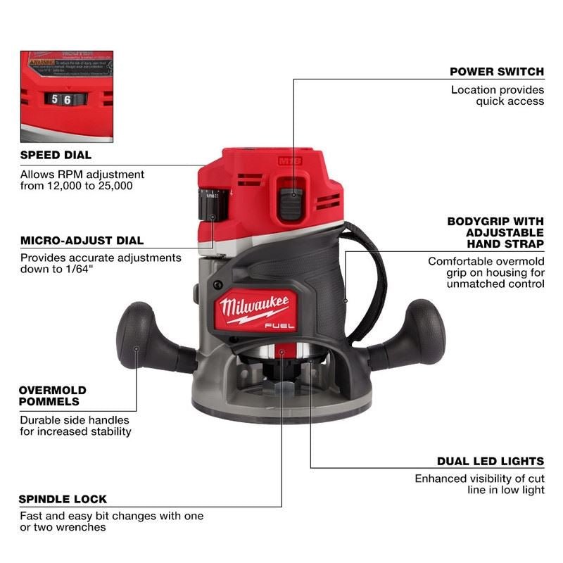 Milwaukee 2838-20 M18 FUEL 18 Volt Lithium-Ion Brushless Cordless 1/2in Router - Tool Only