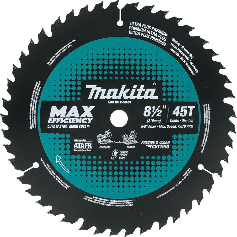 Makita E-06965 8â€‘1/2in 45T Carbideâ€‘Tipped Max Efficiency Miter Saw Blade