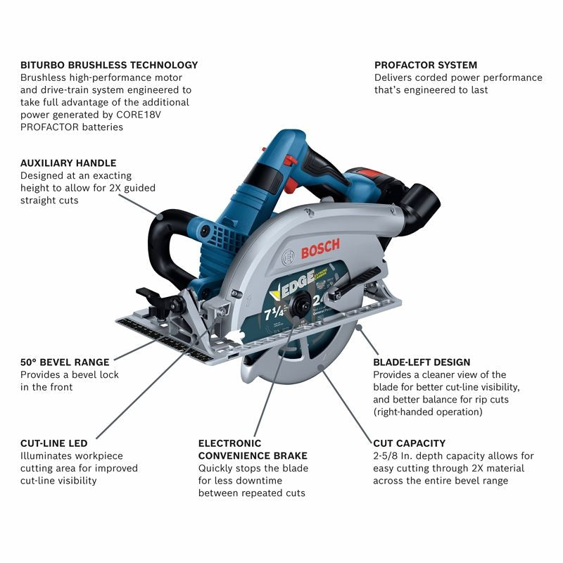 Bosch GKS18V-26LB14 PROFACTOR 18V Strong Arm 7-1/4 In. Blade Left Circular Saw Kit with (1) CORE 18V 8.0 Ah PROFACTOR Performance Battery