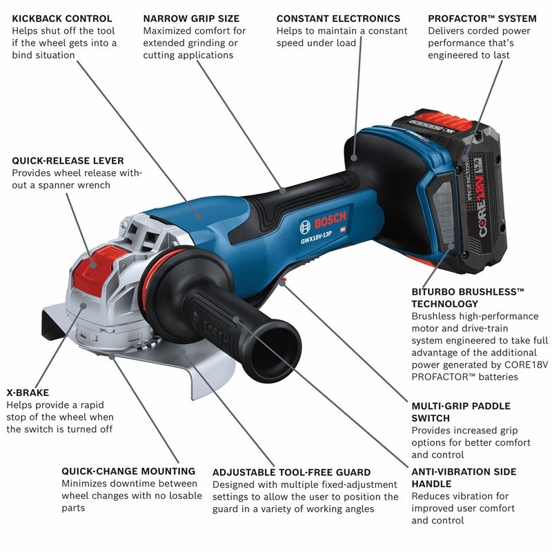 Bosch GWX18V-13PB14 PROFACTOR 18V Spitfire X-LOCK 5 - 6 In. Angle Grinder with Paddle Switch and (1) CORE 18V 8.0 Ah PROFACTOR Performance Battery