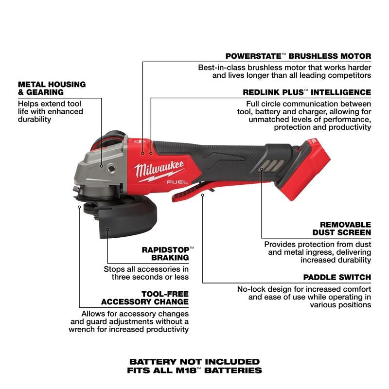 Milwaukee 2888-20 M18 FUEL 4-1/2in / 5in Variable Speed Braking Grinder, Paddle Switch No-Lock